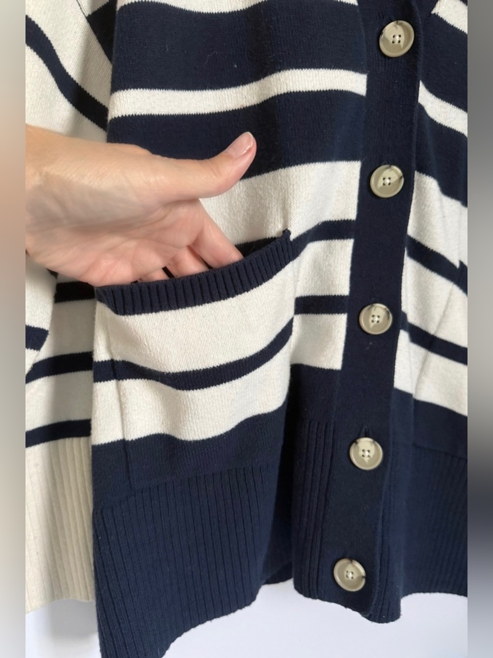 LOFT Navy and Cream Striped Button-Front Cardigan - Picture 3 of 7
